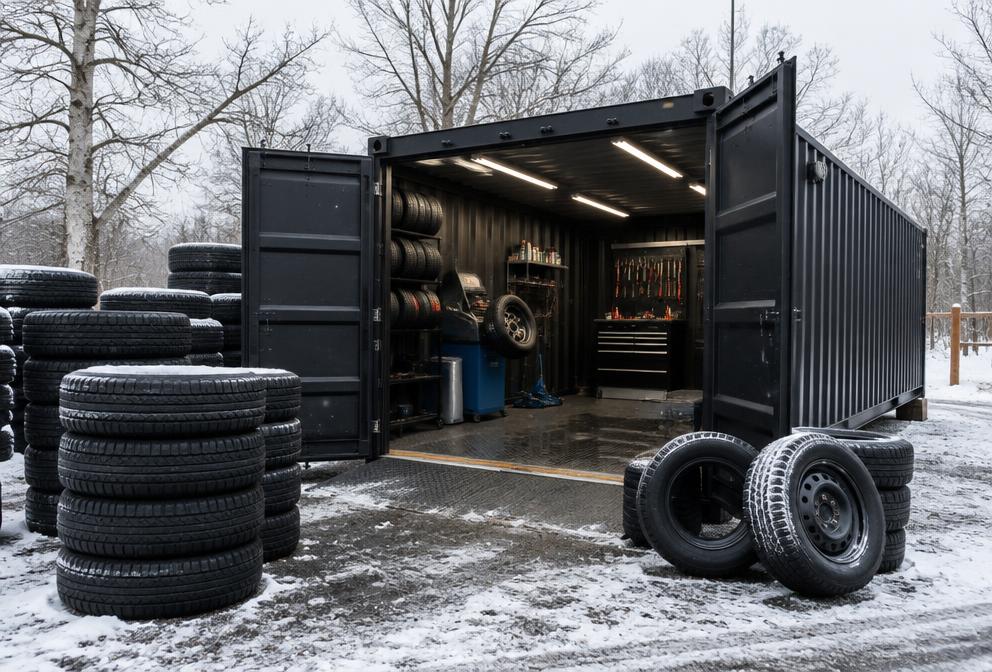 Installation de service de pneus en conteneur