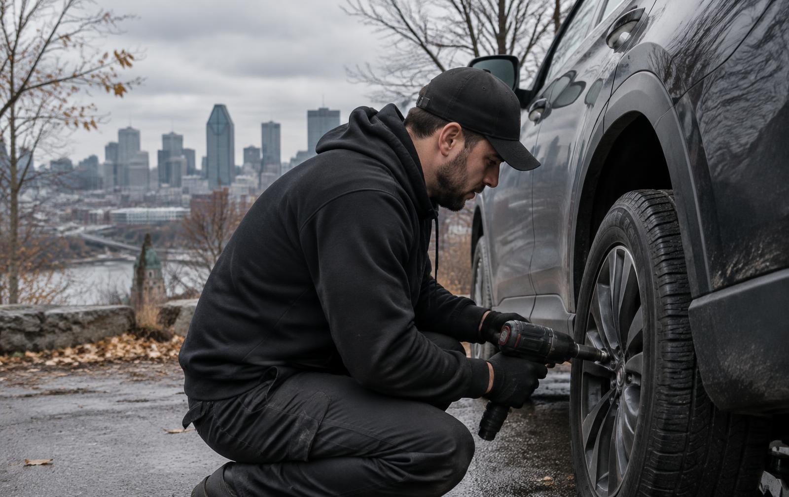 Technicien JON. changeant un pneu à Montréal